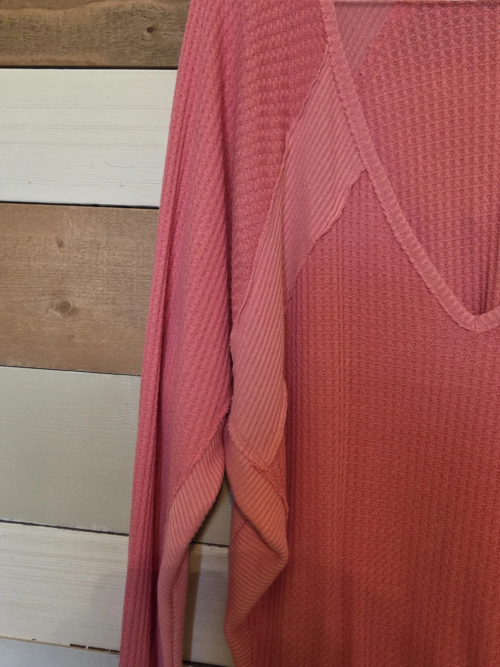 Free People Pink Ribbed V-Neck Long Sleeve Top